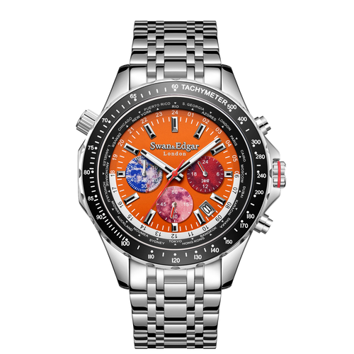 World Timer Mechanical Quartz Hybrid- Steel Matt Orange