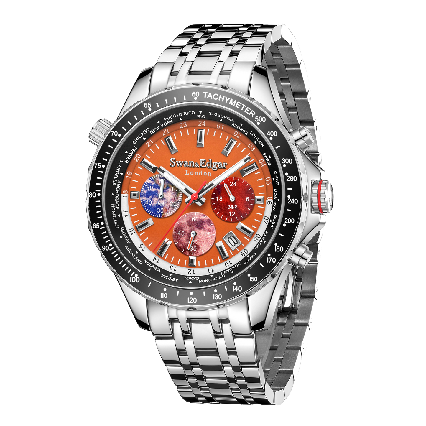 World Timer Mechanical Quartz Hybrid- Steel Matt Orange